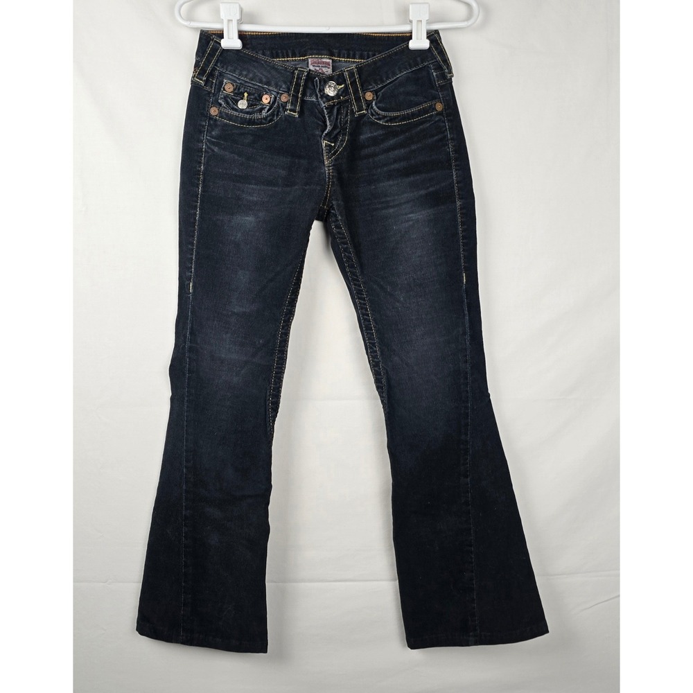Y2K True Religion Joey Corduroy Pants Black Flare Low Rise Twisted Leg Womens 26